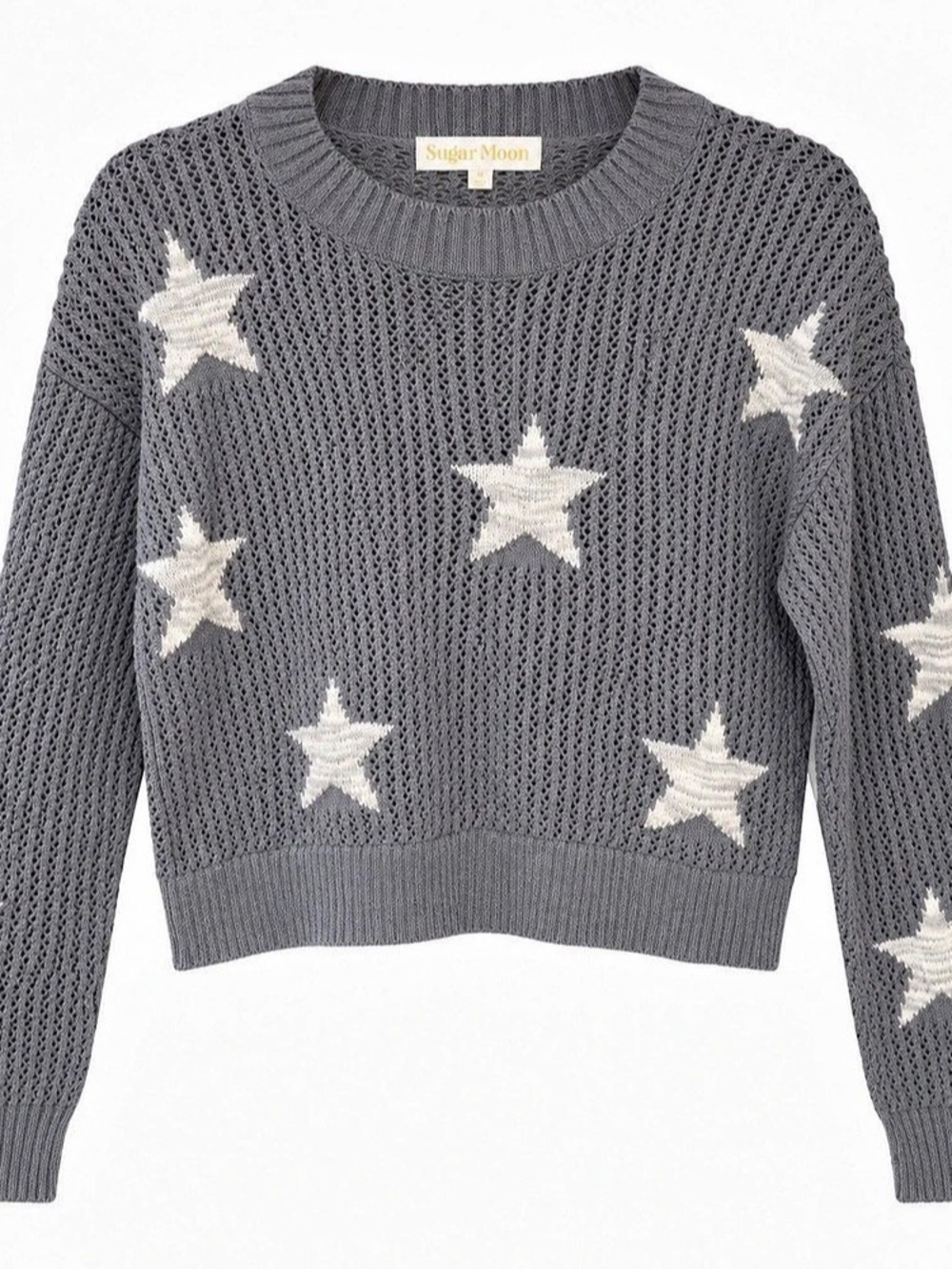 Sugar Moon Gray Star Open Knit Cropped Sweater M NWT